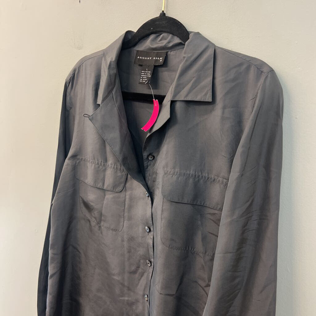August Silk Grey 100% Silk Long Sleeve Button Down Top Large