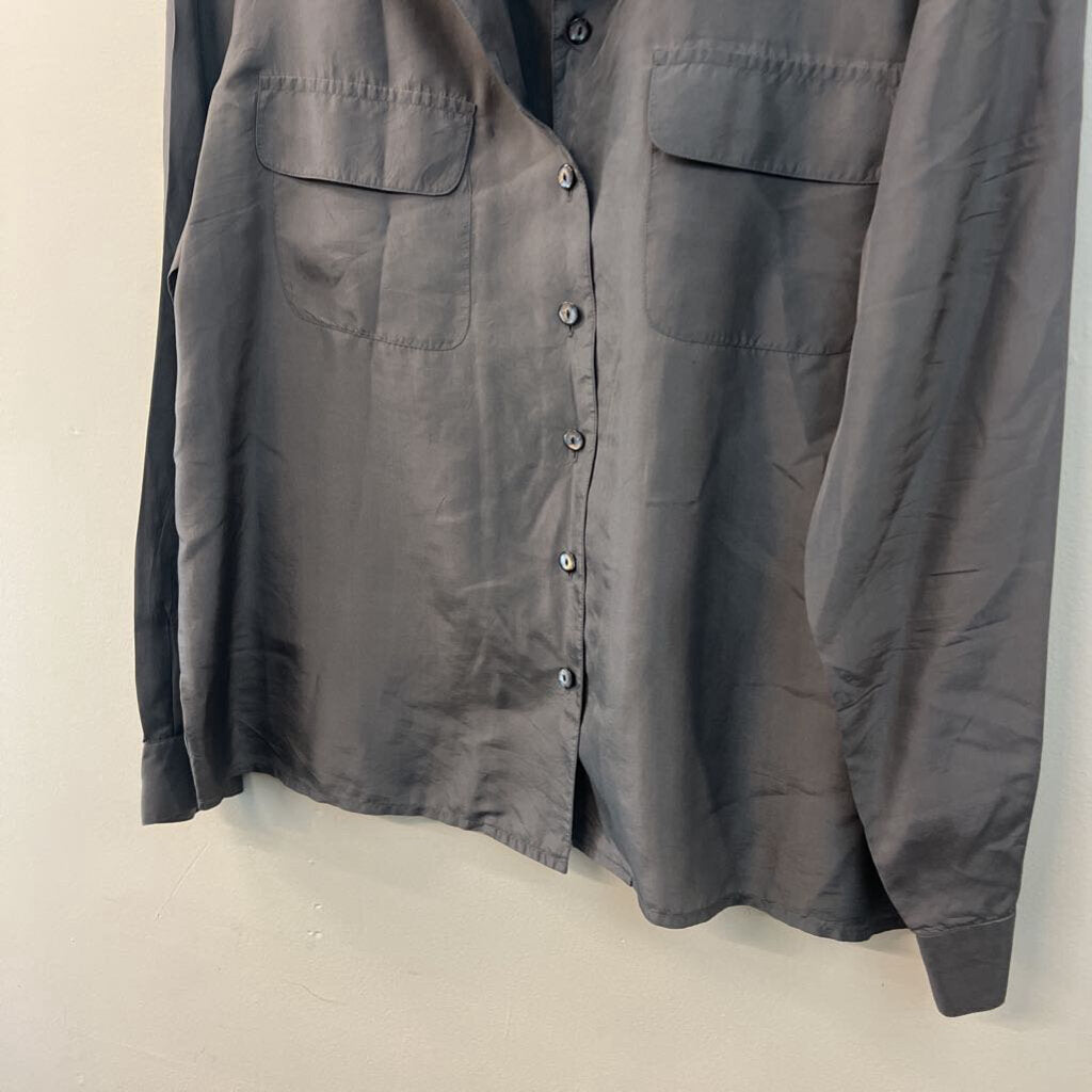 August Silk Grey 100% Silk Long Sleeve Button Down Top Large