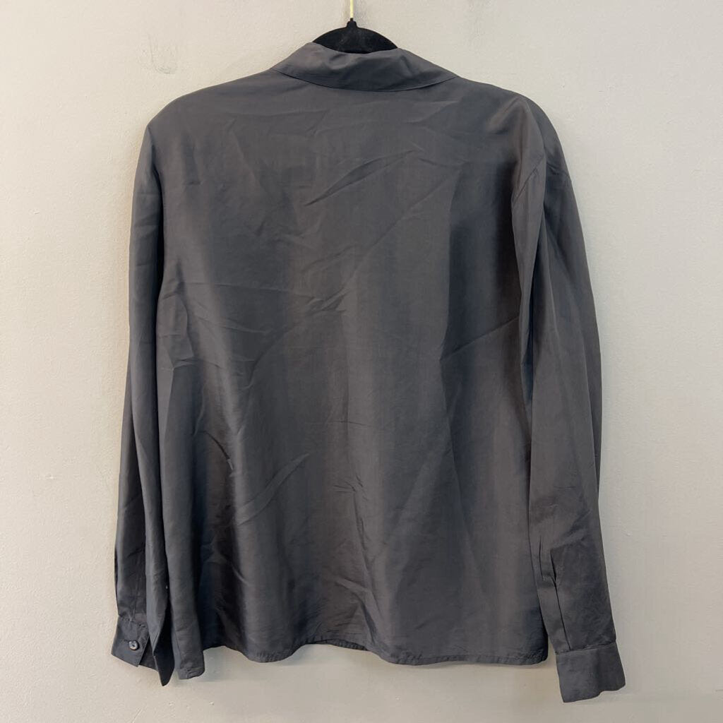 August Silk Grey 100% Silk Long Sleeve Button Down Top Large