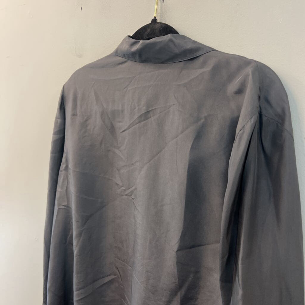 August Silk Grey 100% Silk Long Sleeve Button Down Top Large