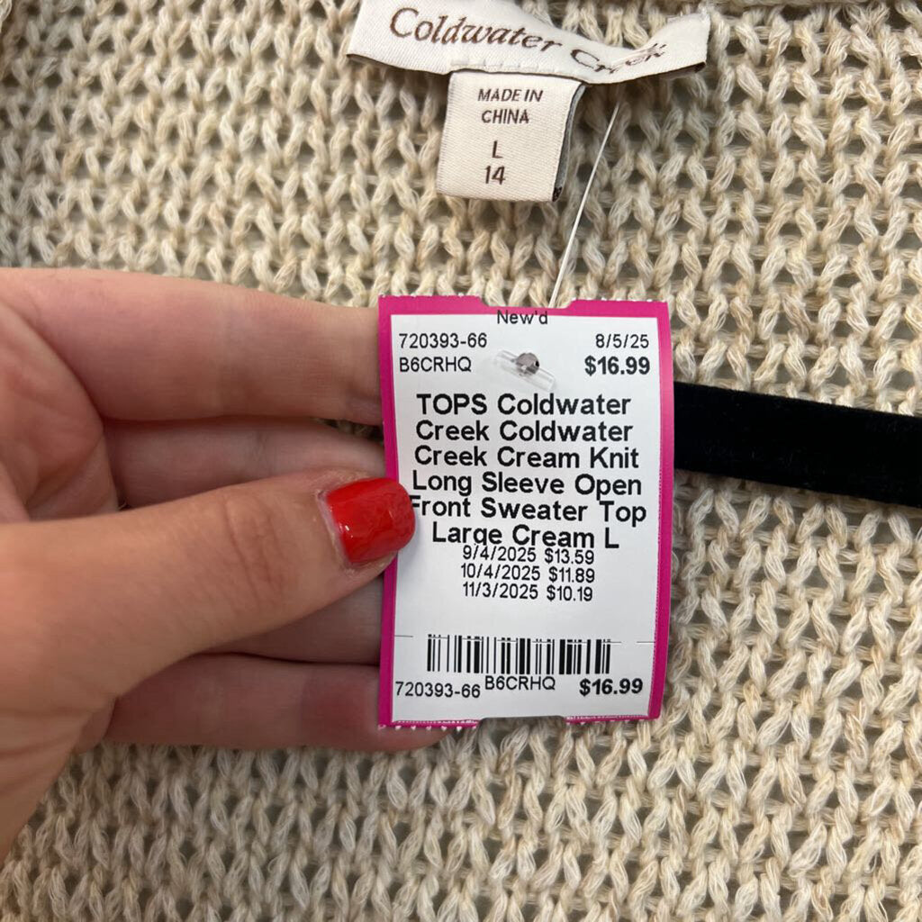 Coldwater Creek Cream Knit Long Sleeve Open Front Sweater Top Large