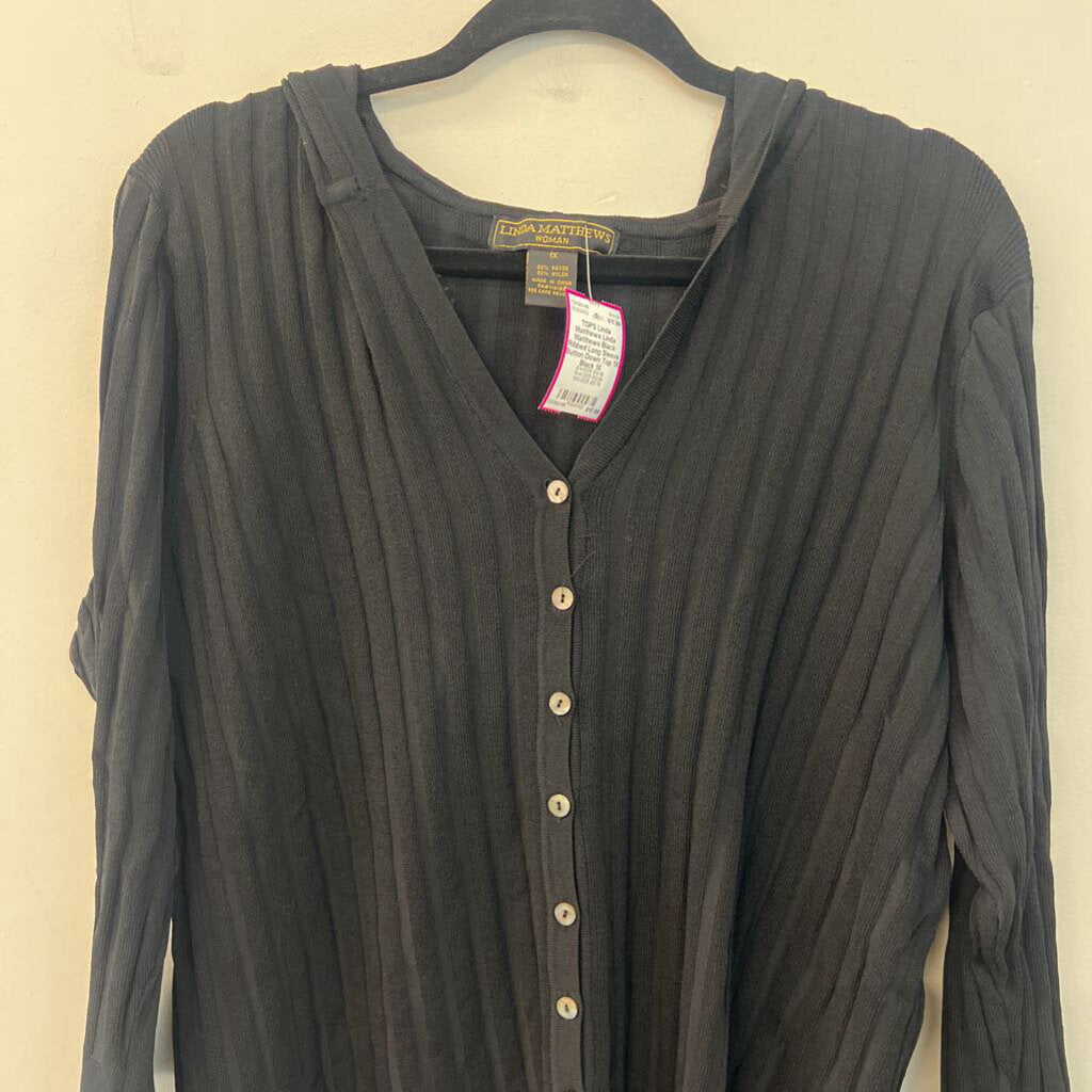 Linda Matthews Black Ribbed Long Sleeve Button Down Top 1X