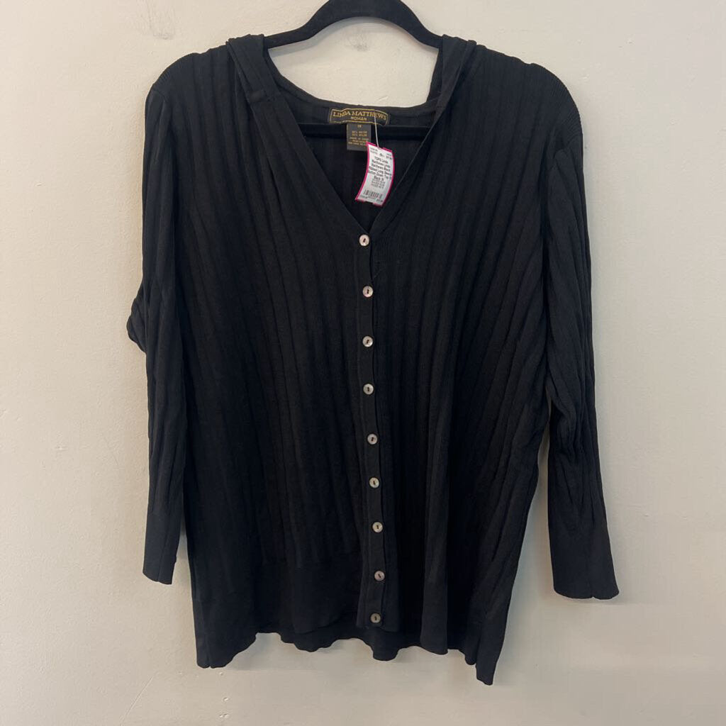 Linda Matthews Black Ribbed Long Sleeve Button Down Top 1X
