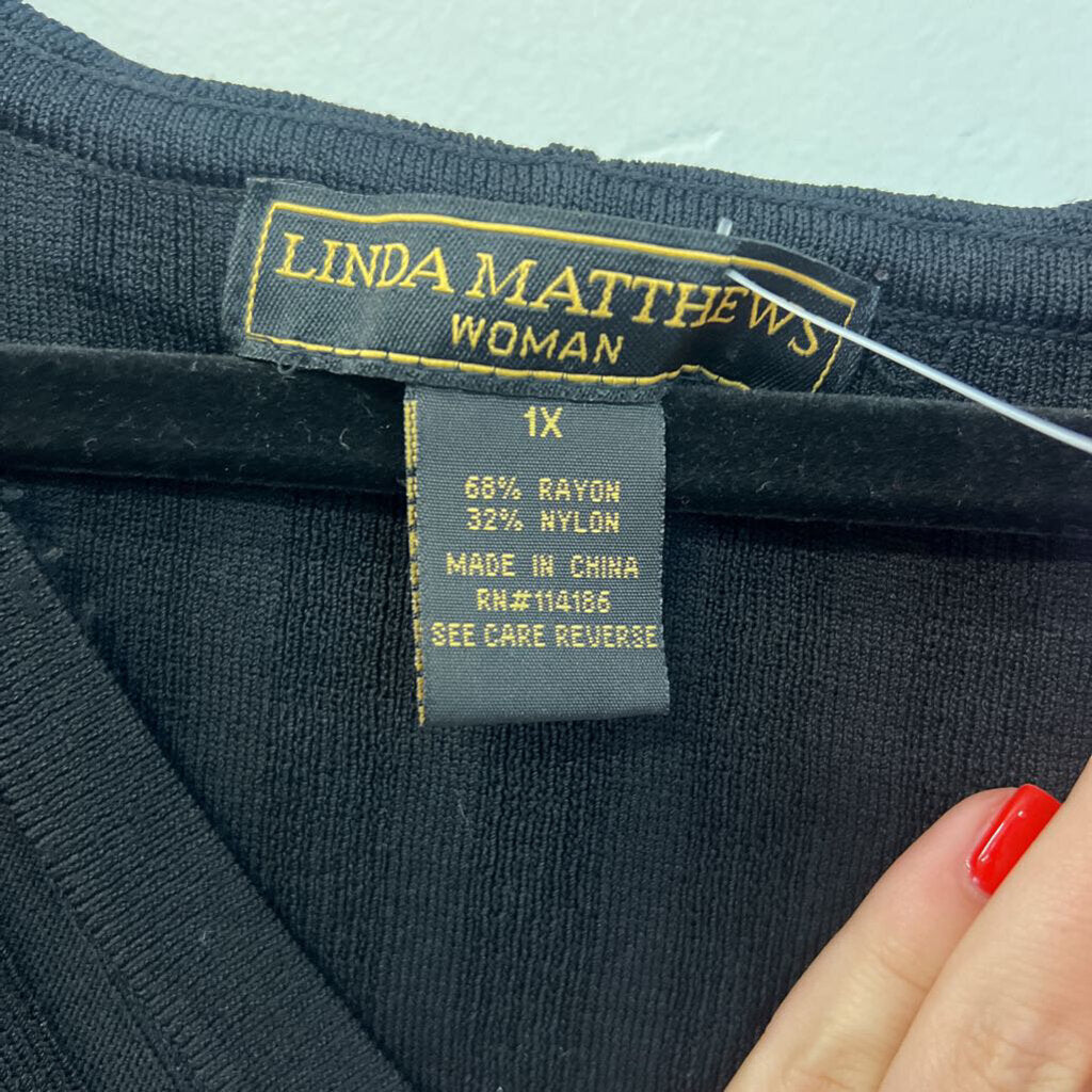 Linda Matthews Black Ribbed Long Sleeve Button Down Top 1X