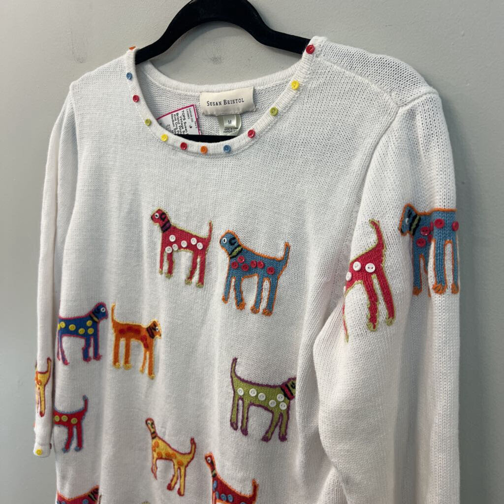 Vintage Susan Bristol White/ Multi Knit Dog Print Top Medium