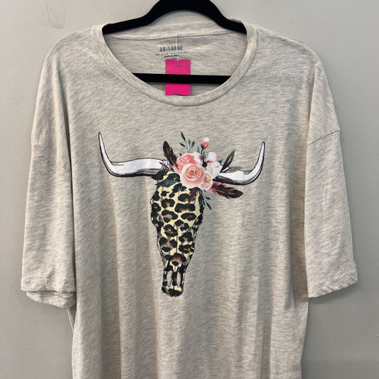 Grey/ Multi Leopard Cow Skull With Antlers Short Sleeve Graphic Tee 2X
