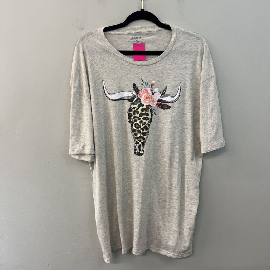 Grey/ Multi Leopard Cow Skull With Antlers Short Sleeve Graphic Tee 2X