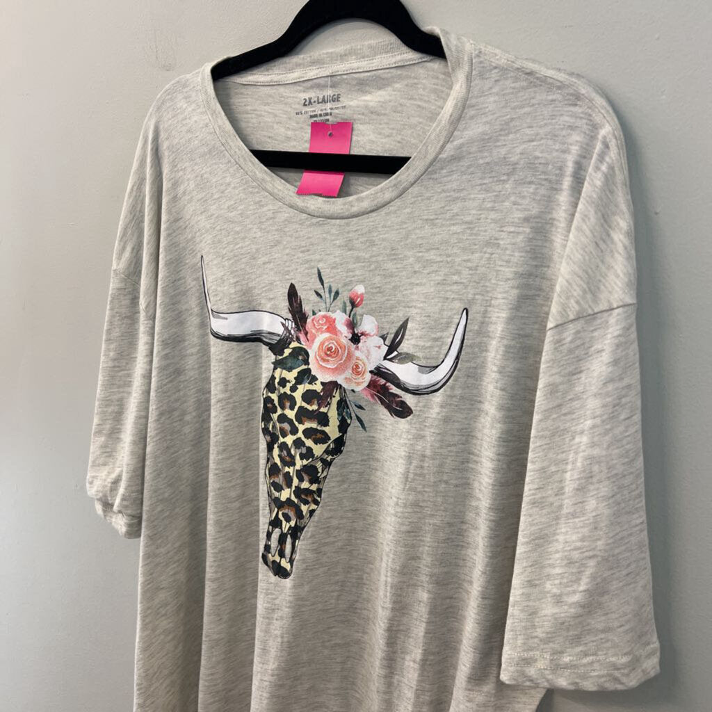 Grey/ Multi Leopard Cow Skull With Antlers Short Sleeve Graphic Tee 2X