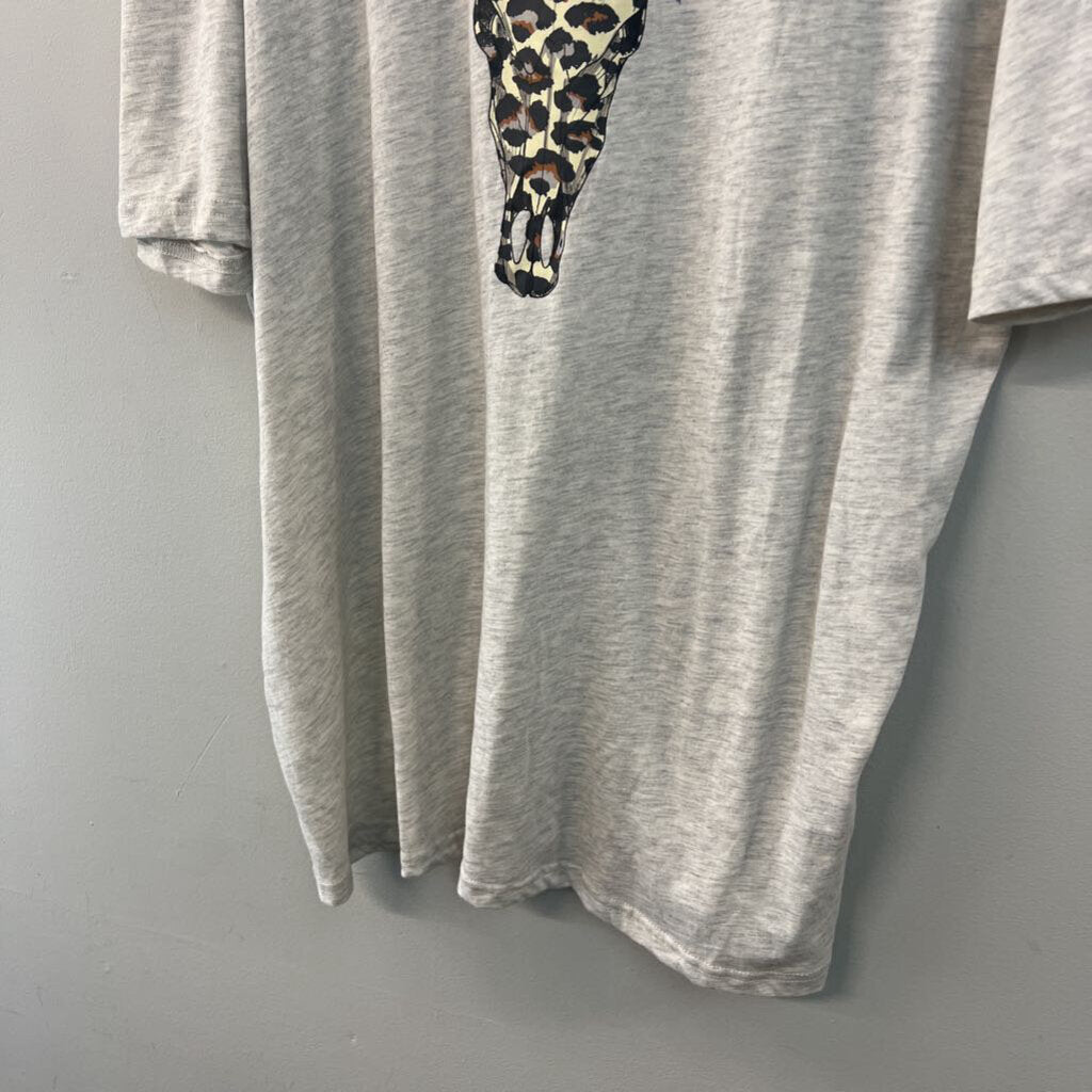 Grey/ Multi Leopard Cow Skull With Antlers Short Sleeve Graphic Tee 2X