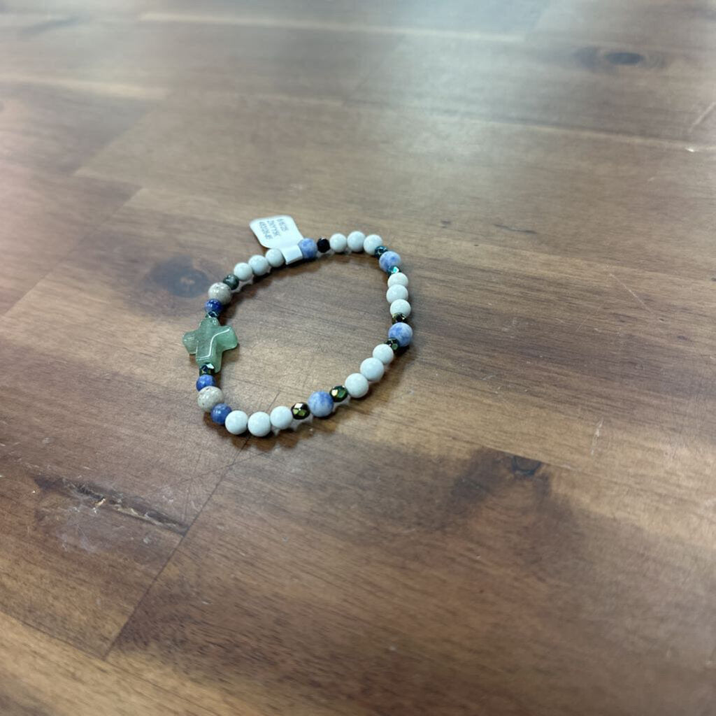 Blue/ White Cross Beaded Stretchy Bracelet