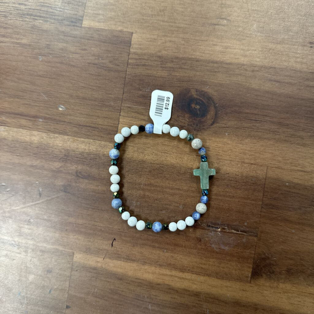 Blue/ White Cross Beaded Stretchy Bracelet