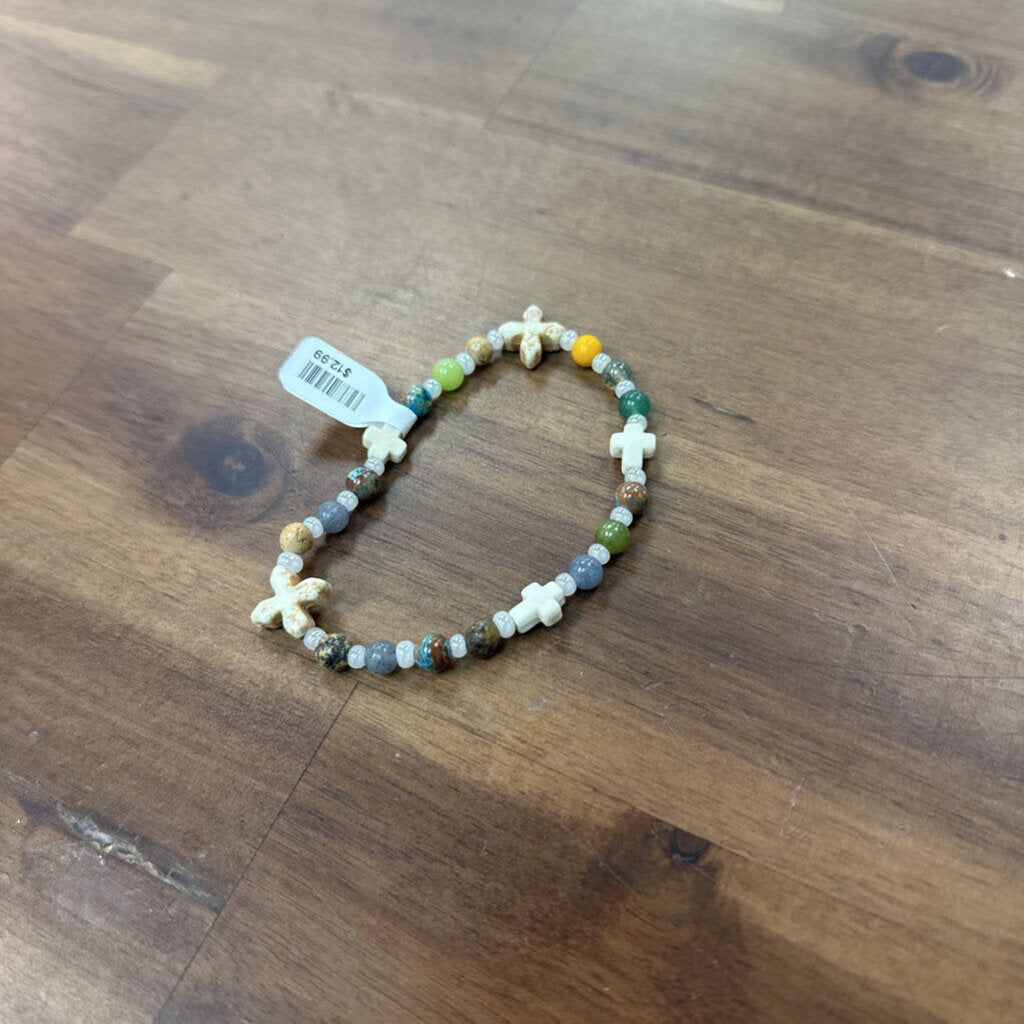 Cream/ Multi Cross Beaded Stretchy Bracelet