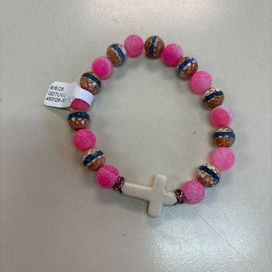 Pink/ Cream Beaded Cross Stretchy Bracelet