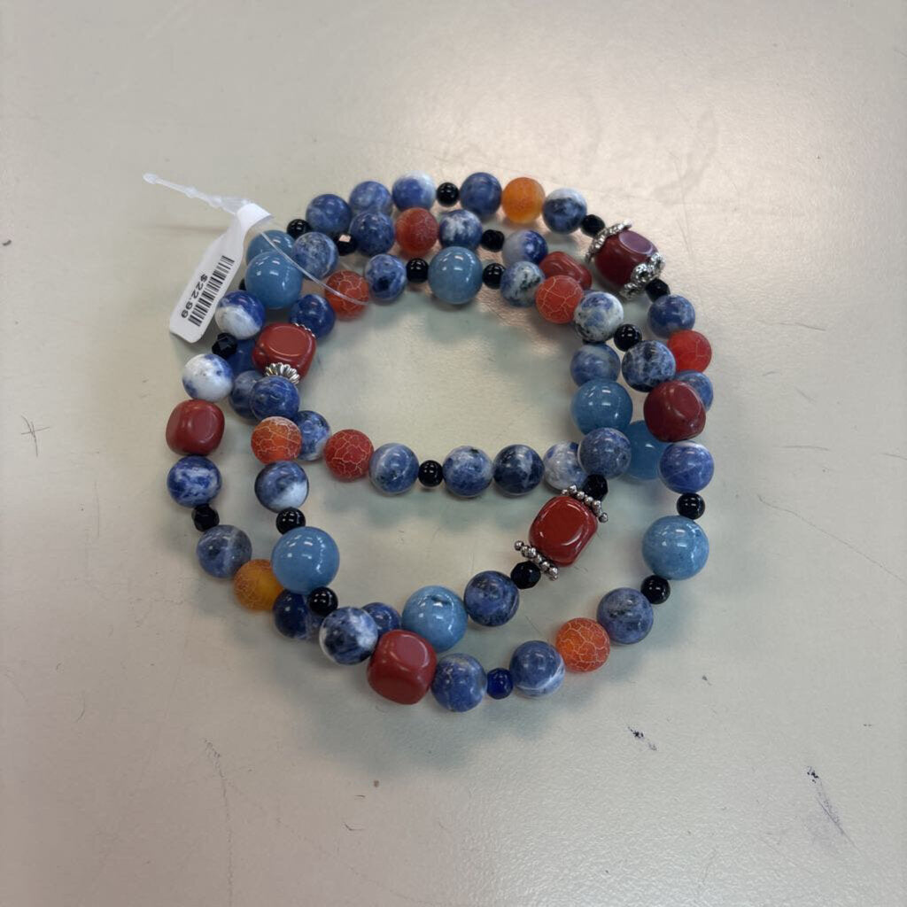 Set of Three Blue/ Orange Beaded Stretchy Bracelets