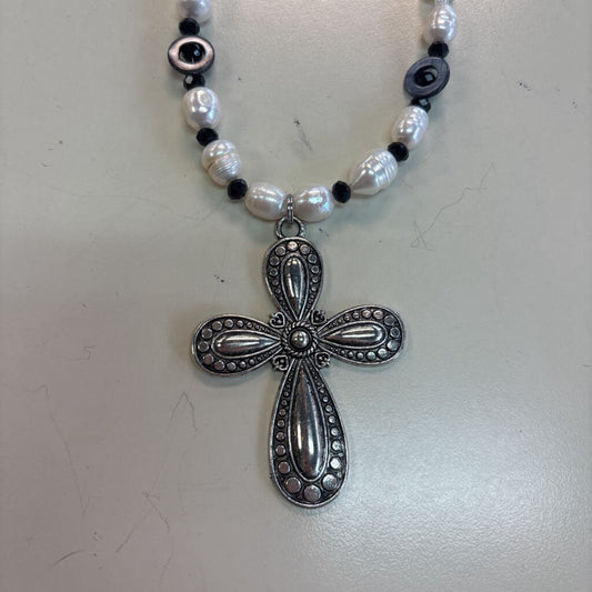 Black/ White/ Silver Beaded Cross Pendant Necklace
