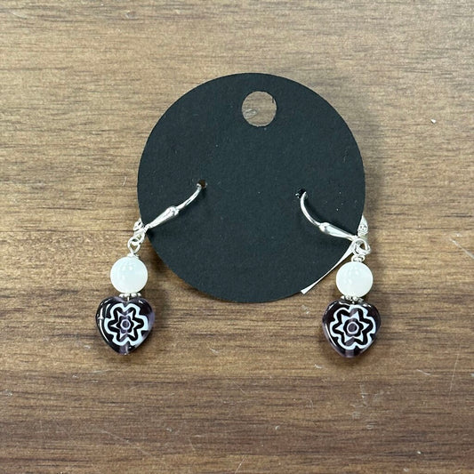 Silver/ White/ Purple Beaded Drop Earrings