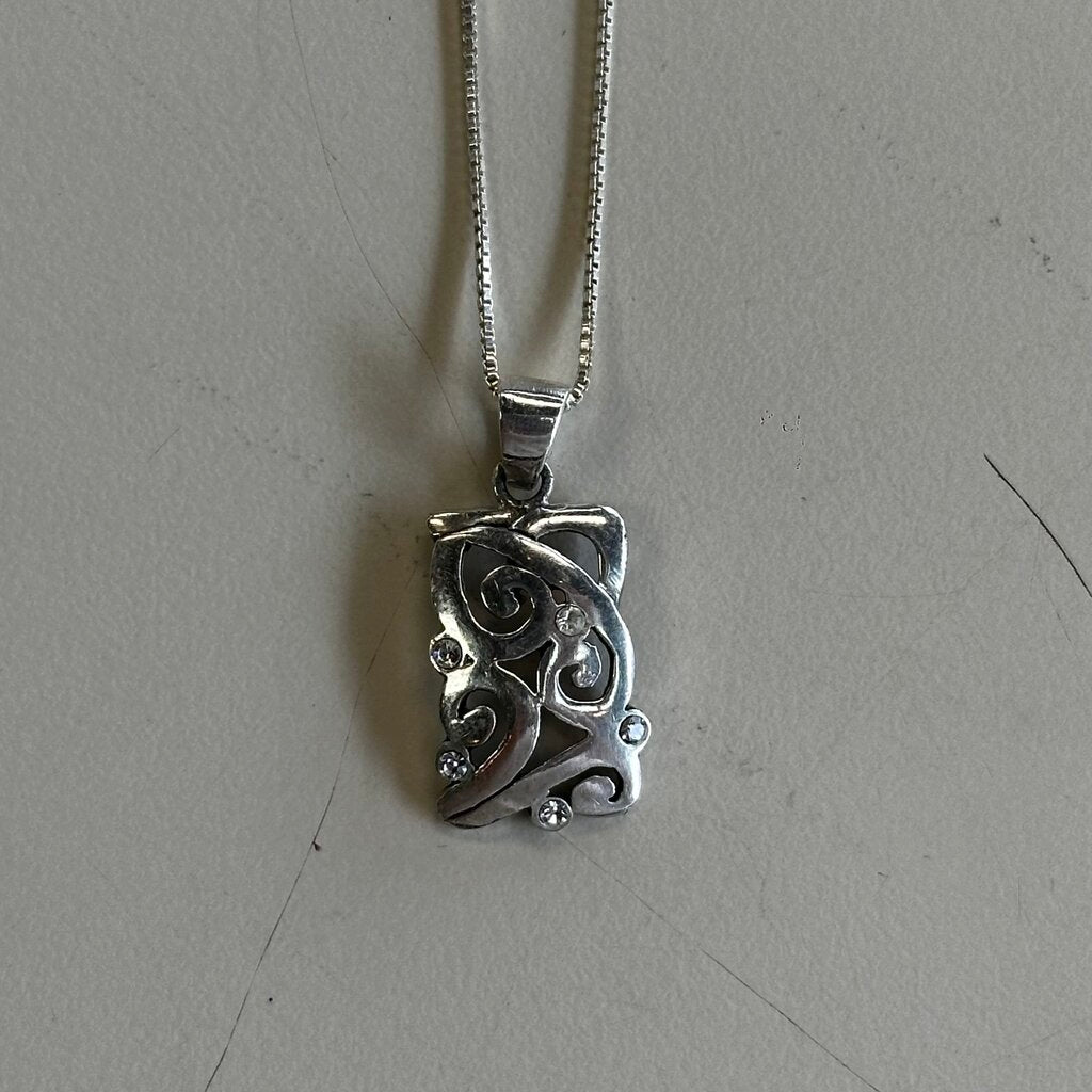 Silver Swirl Rectangle Pendant Necklace