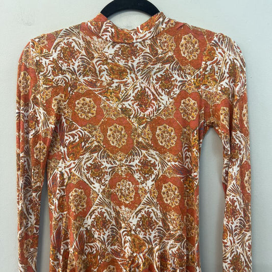 Free People Orange/ White Print Long Sleeve Mock Neck Top Extra Small