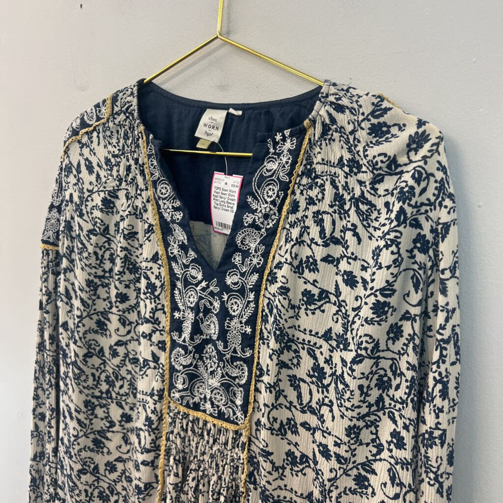 Seen Worn Kept Navy/ Cream Print Long Sleeve Top Extra Small