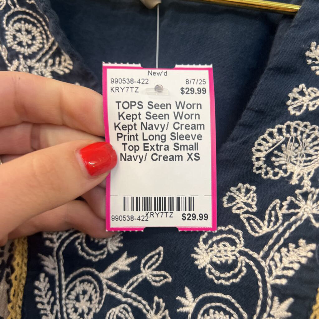 Seen Worn Kept Navy/ Cream Print Long Sleeve Top Extra Small