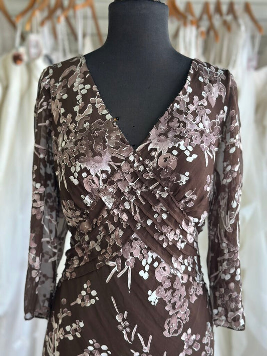 Papell Boutique Brown/ Purple Print Long Sleeve Long Formal Dress 12
