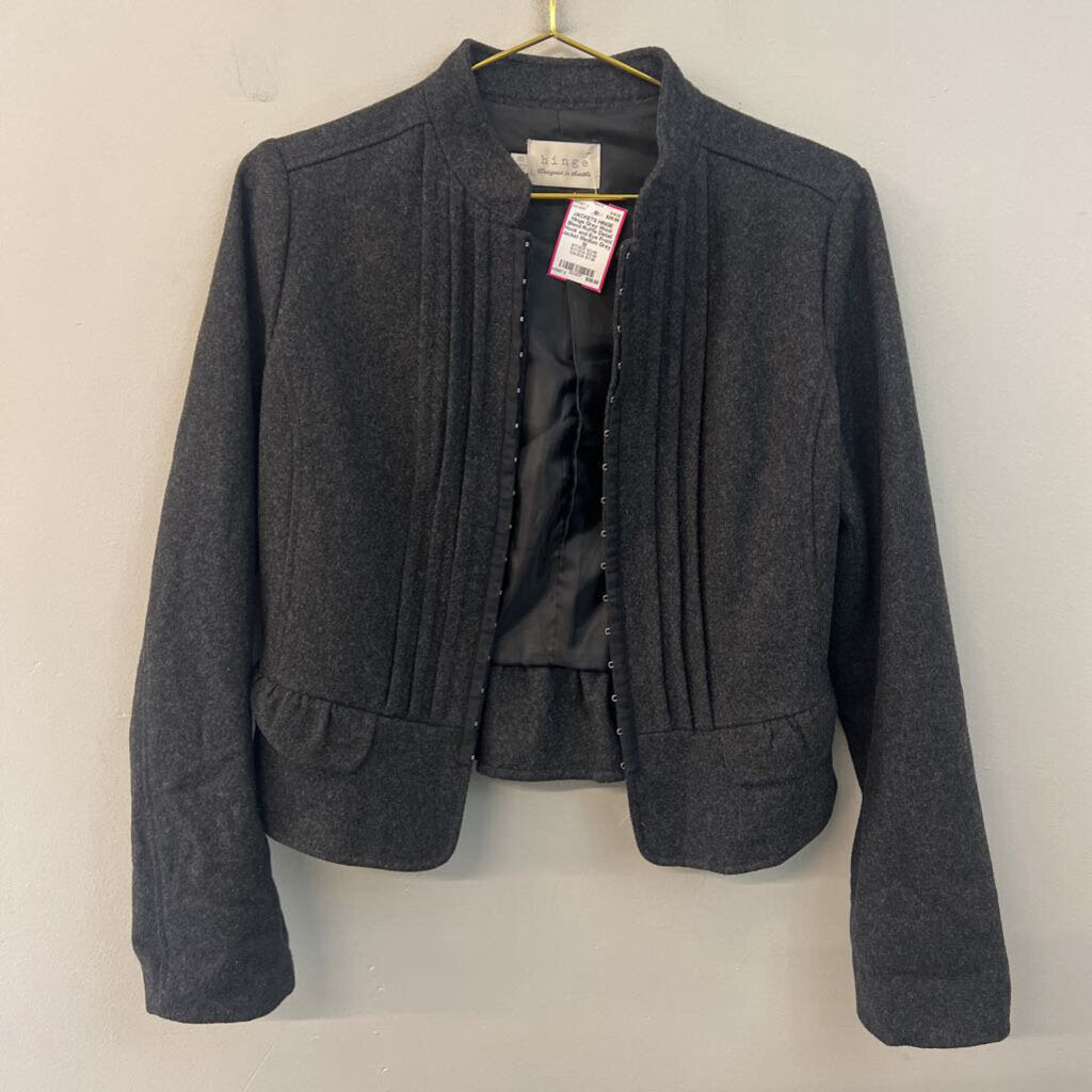Hinge Grey Wool Blend Ruffle Detail Hook and Eye Front Jacket Medium