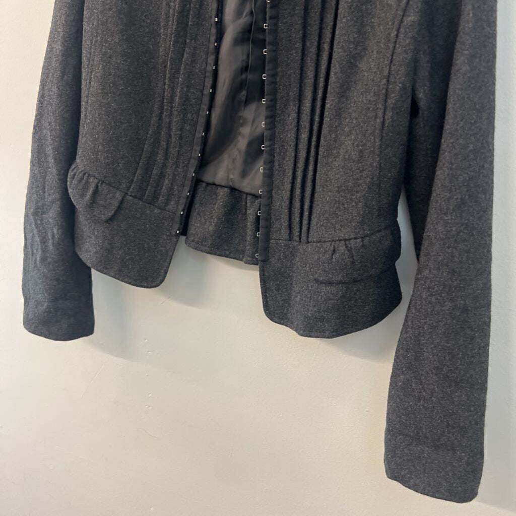 Hinge Grey Wool Blend Ruffle Detail Hook and Eye Front Jacket Medium