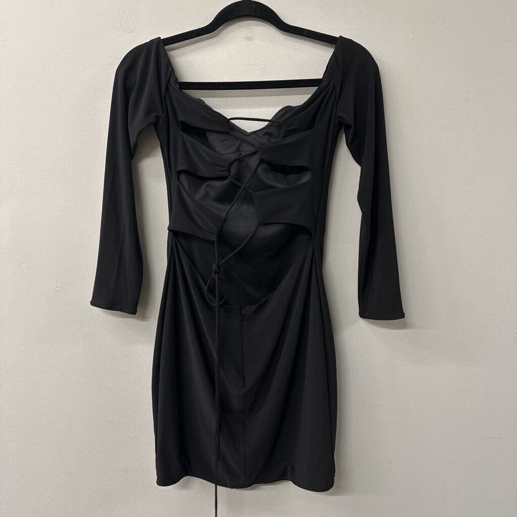 La Femme Black Long Sleeve Lace Up Back Short Formal Dress 6