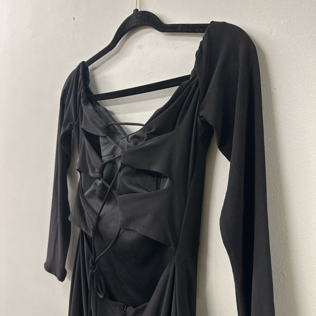 La Femme Black Long Sleeve Lace Up Back Short Formal Dress 6