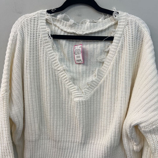 White Knit Frayed Edge Cropped Long Sleeve Sweater Top Medium