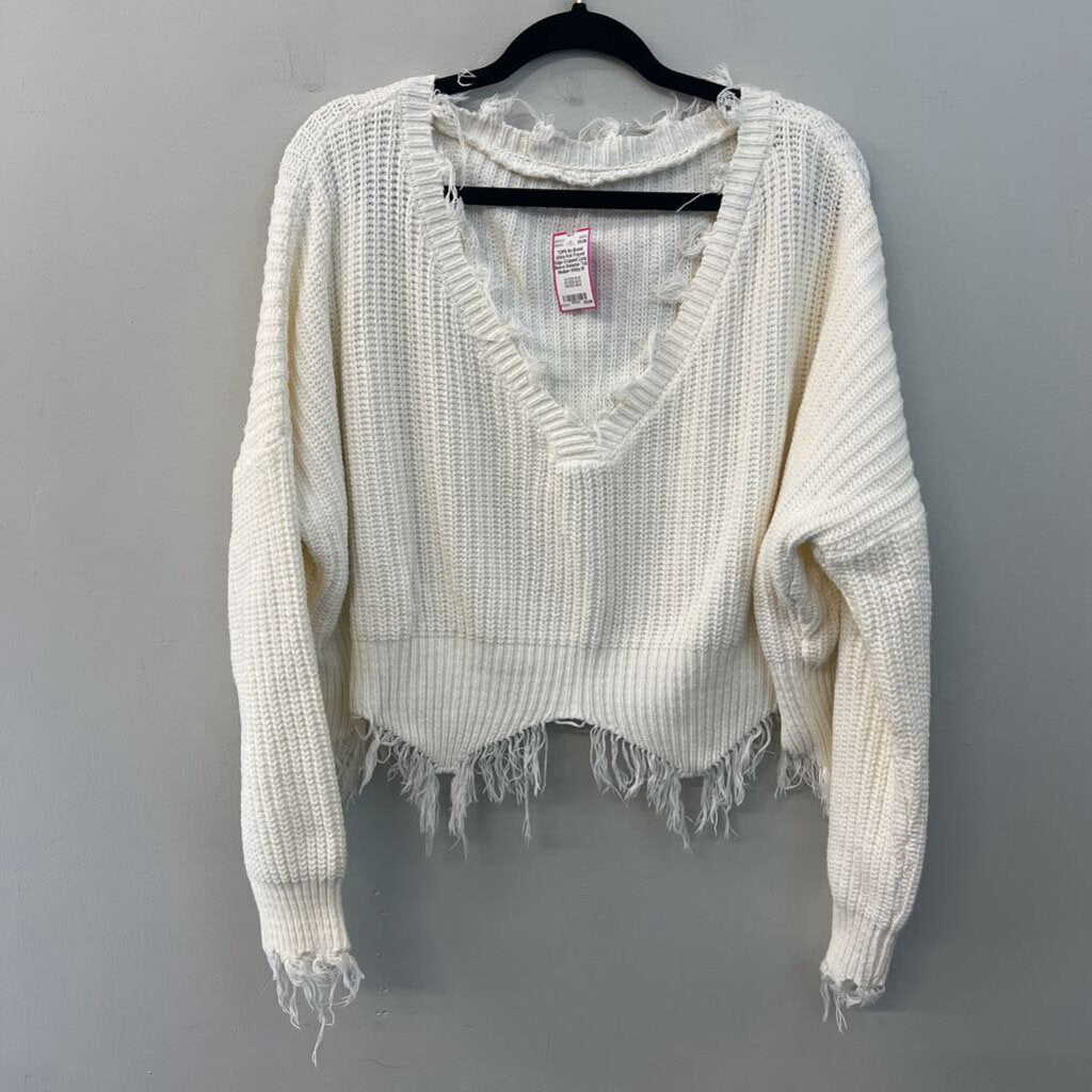 White Knit Frayed Edge Cropped Long Sleeve Sweater Top Medium