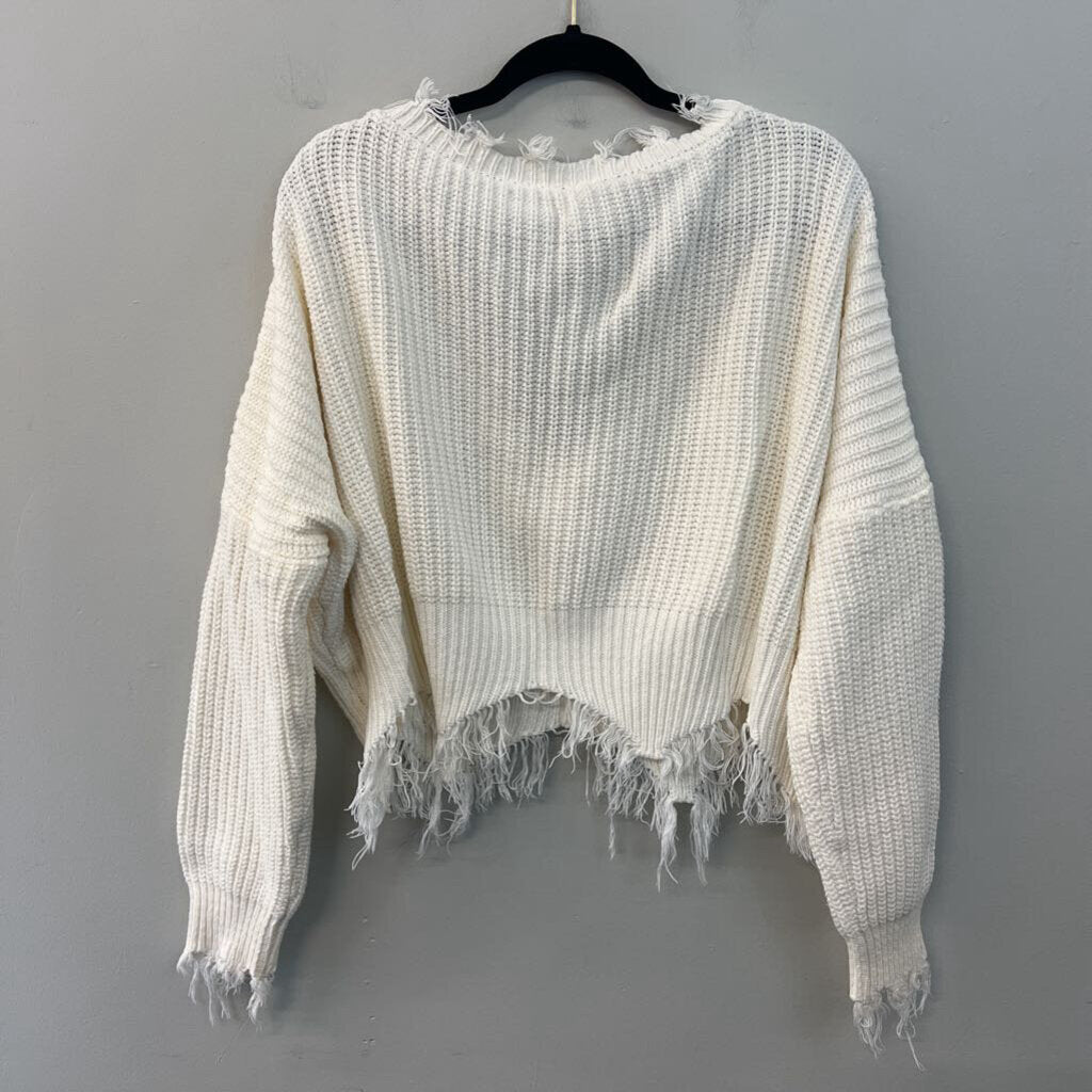 White Knit Frayed Edge Cropped Long Sleeve Sweater Top Medium