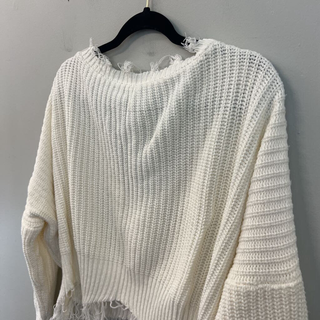 White Knit Frayed Edge Cropped Long Sleeve Sweater Top Medium