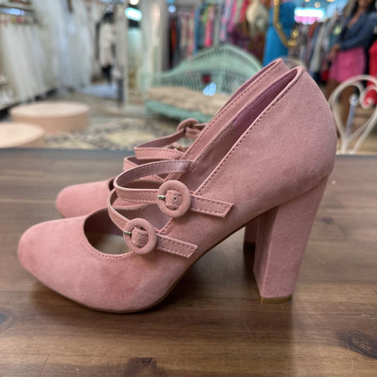 Just Fab Pink Suede Round Toe Double Strap Zenobiah Heels 8.5