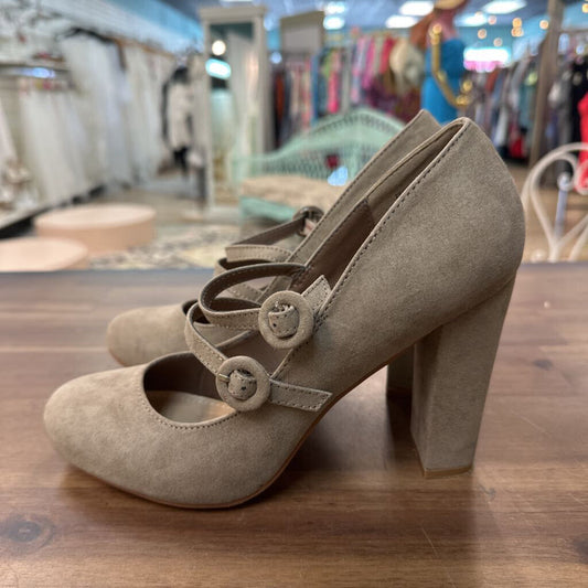 Just Fab Grey Suede Round Toe Double Strap Zenobiah Heels 8.5