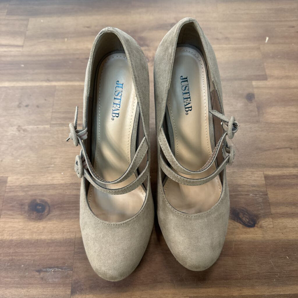 Just Fab Grey Suede Round Toe Double Strap Zenobiah Heels 8.5
