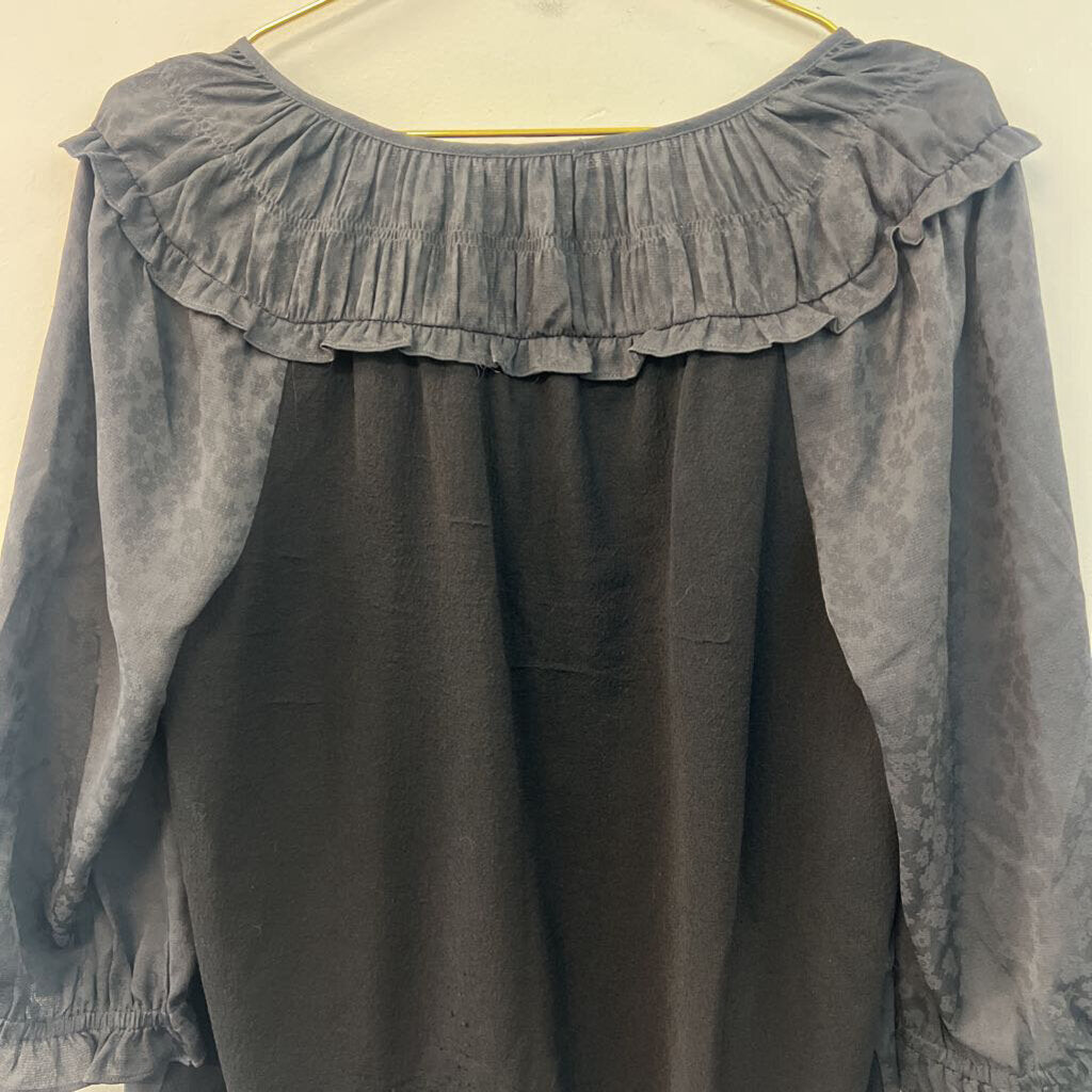 Current Air Black Print Long Sleeve Ruffle Detail Top Medium