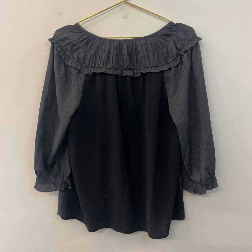Current Air Black Print Long Sleeve Ruffle Detail Top Medium