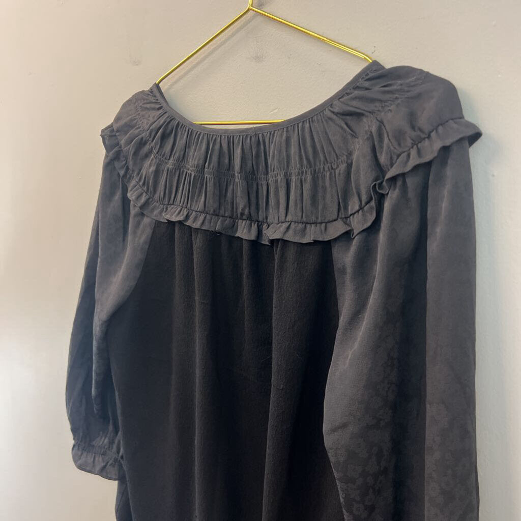 Current Air Black Print Long Sleeve Ruffle Detail Top Medium