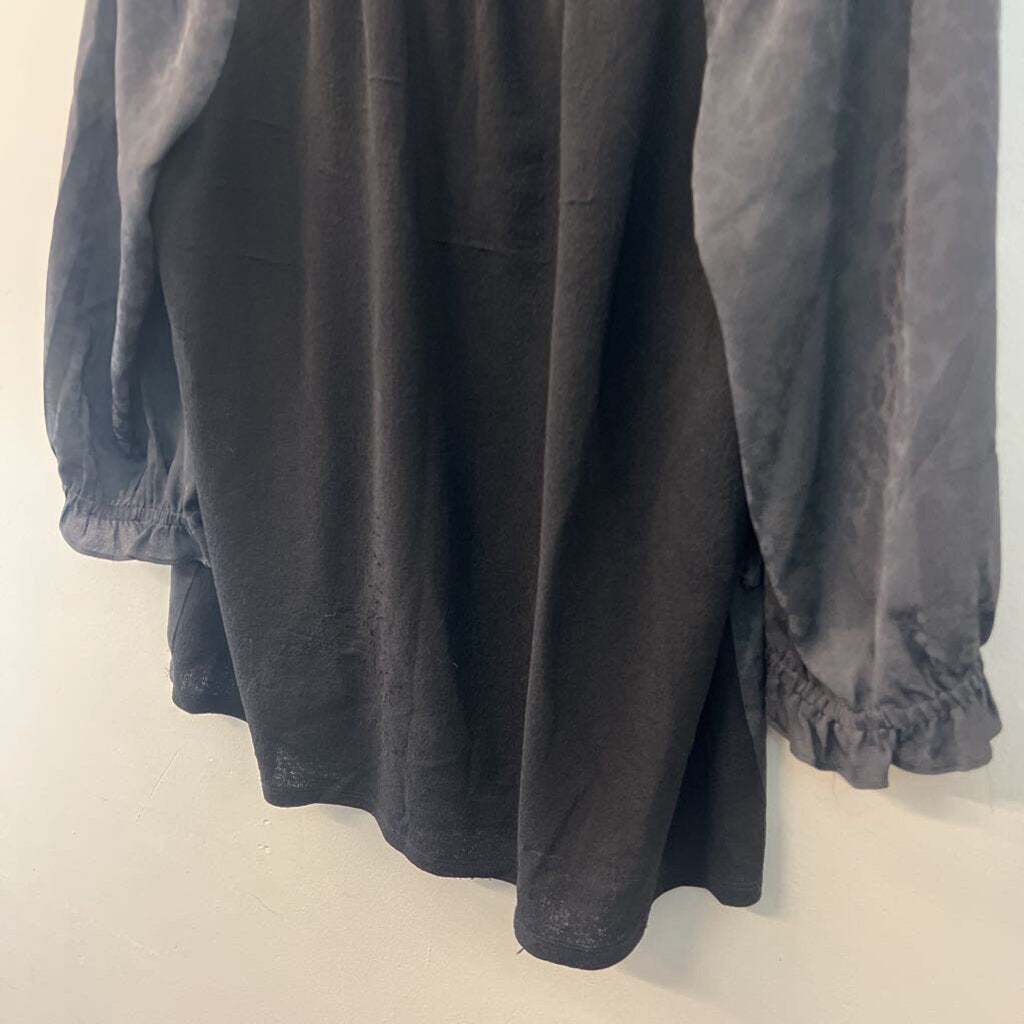 Current Air Black Print Long Sleeve Ruffle Detail Top Medium