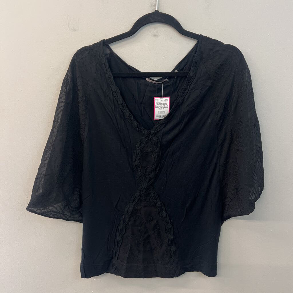 Language Black Embroidered Short Sleeve Top Medium