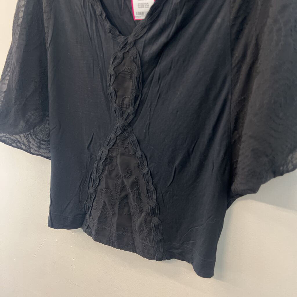 Language Black Embroidered Short Sleeve Top Medium