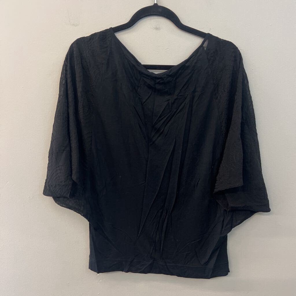 Language Black Embroidered Short Sleeve Top Medium