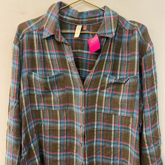 Pilcro Green/ Multi Plaid Long Sleeve Button Down Top Medium
