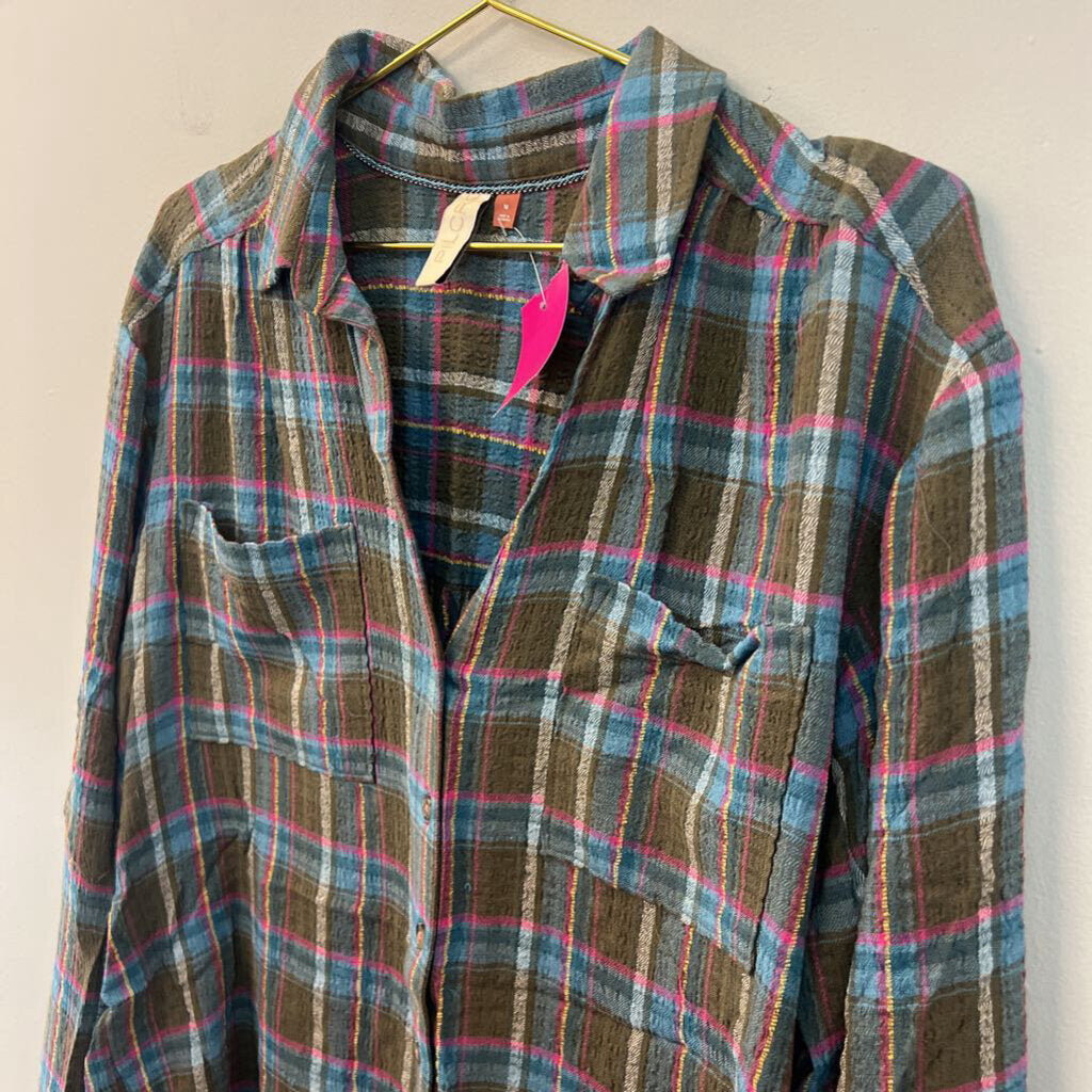 Pilcro Green/ Multi Plaid Long Sleeve Button Down Top Medium