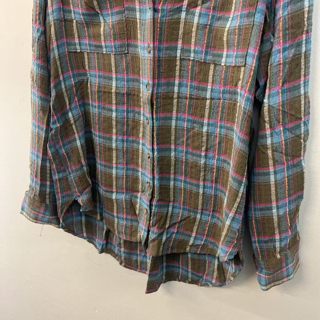 Pilcro Green/ Multi Plaid Long Sleeve Button Down Top Medium