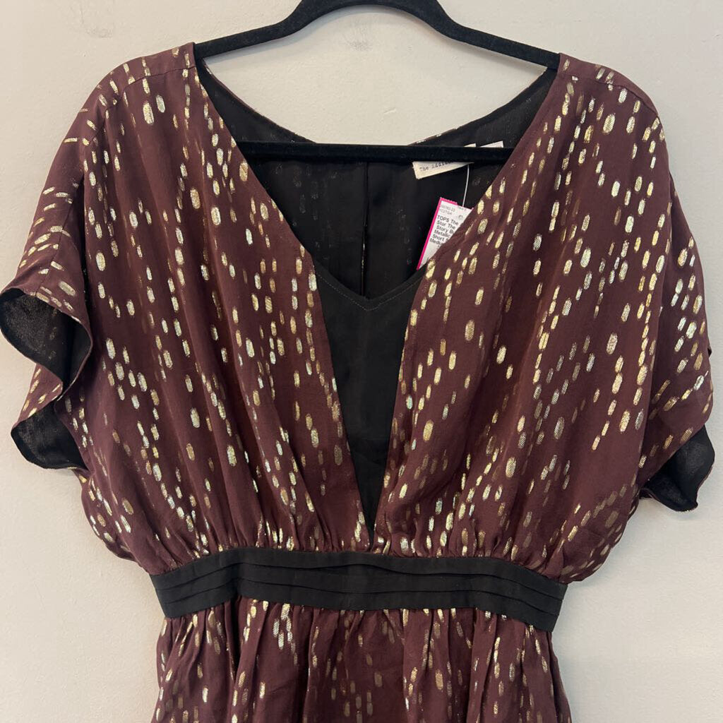 The Addison Story Burgundy/ Metallic Gold Dot Short Sleeve Top Medium