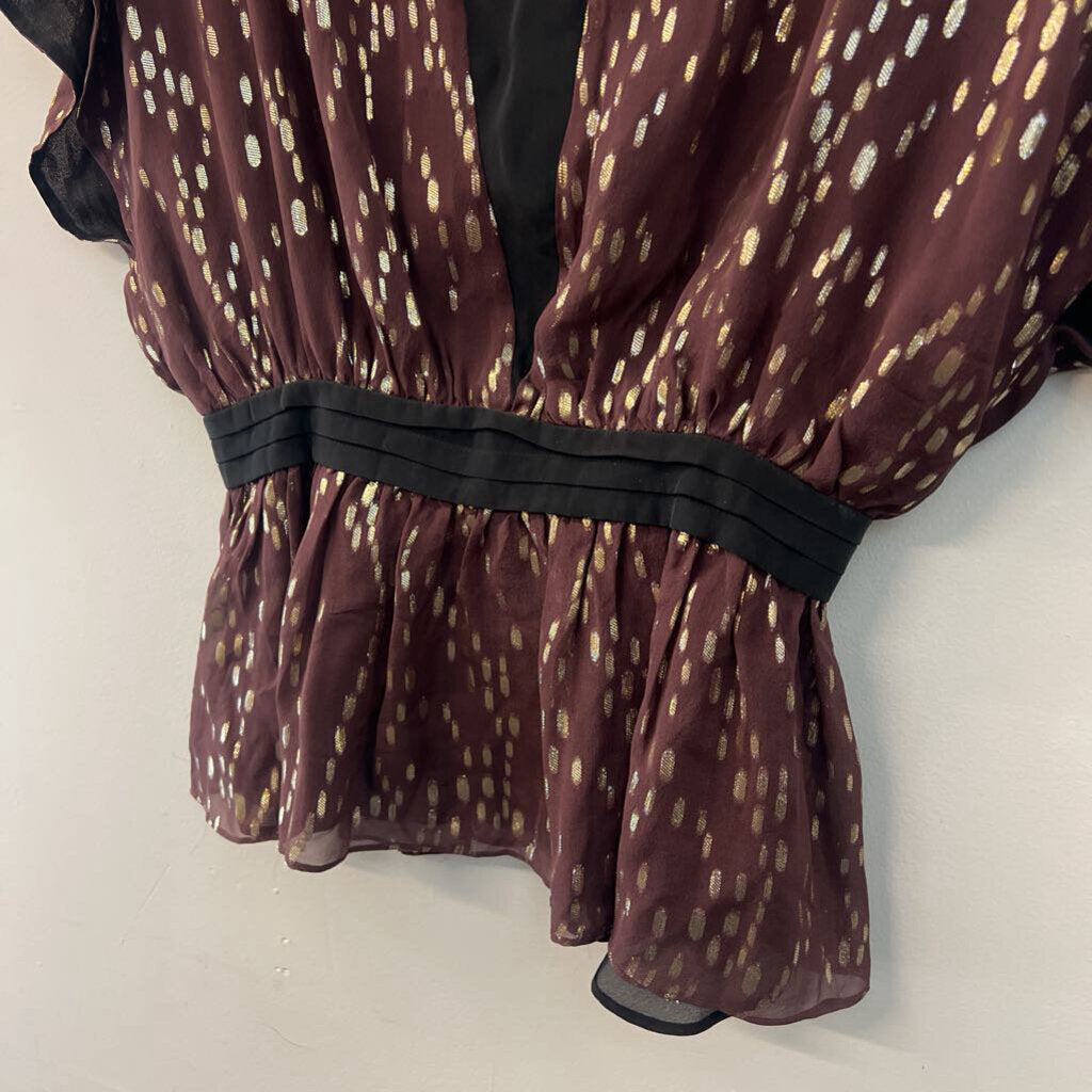The Addison Story Burgundy/ Metallic Gold Dot Short Sleeve Top Medium