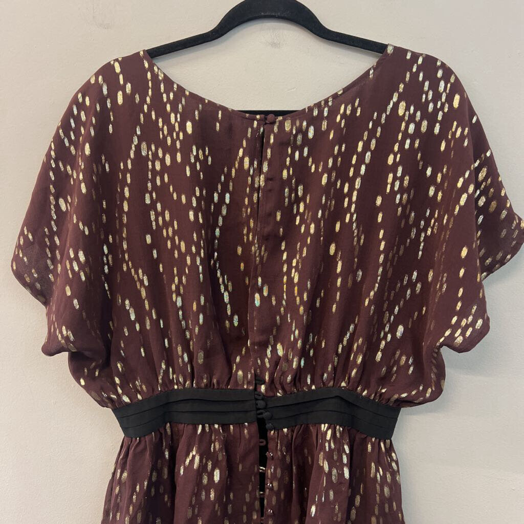 The Addison Story Burgundy/ Metallic Gold Dot Short Sleeve Top Medium