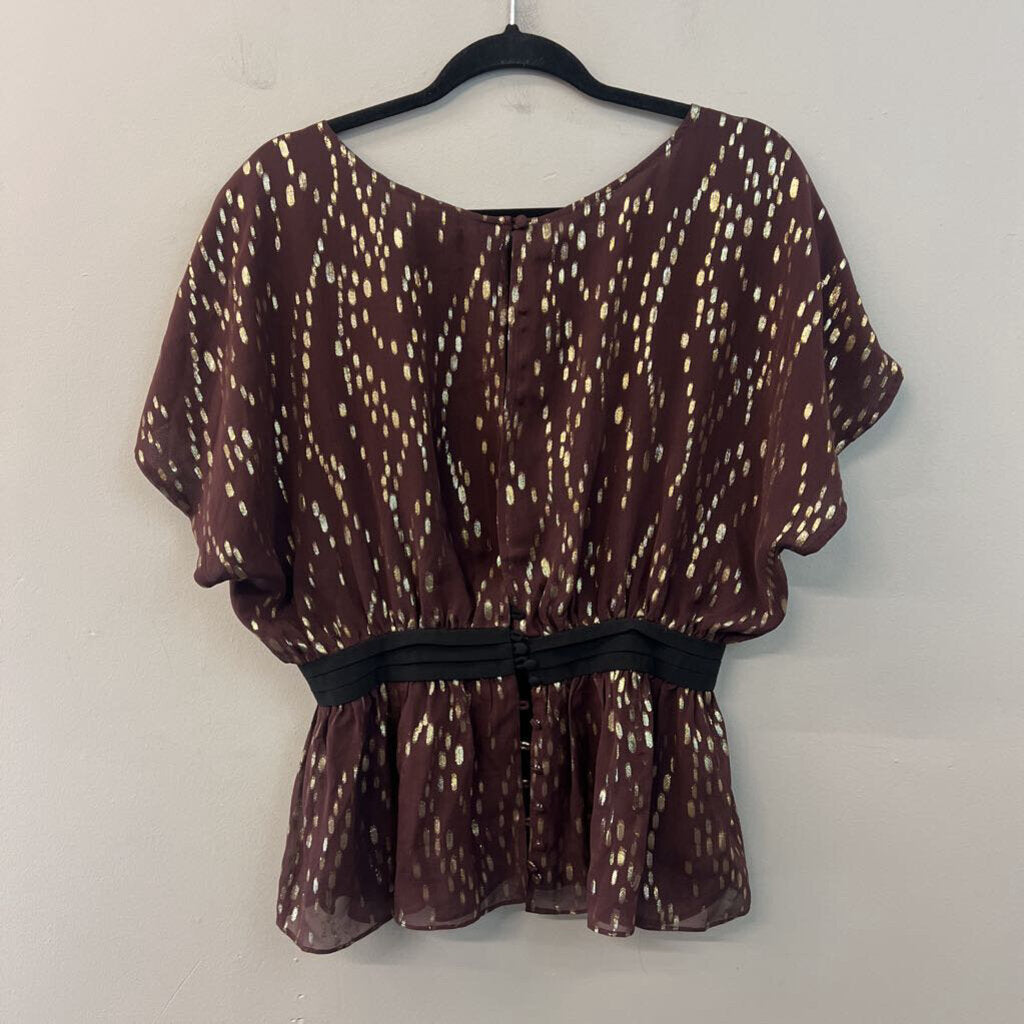 The Addison Story Burgundy/ Metallic Gold Dot Short Sleeve Top Medium